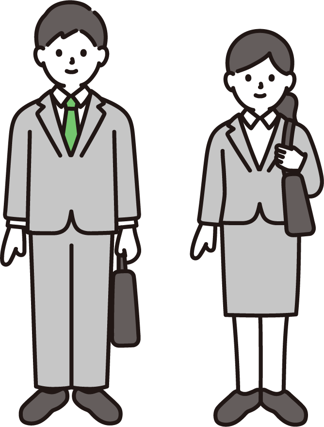 スーツ姿の男女が立っているイラスト。仕事や通勤を連想させるシーン