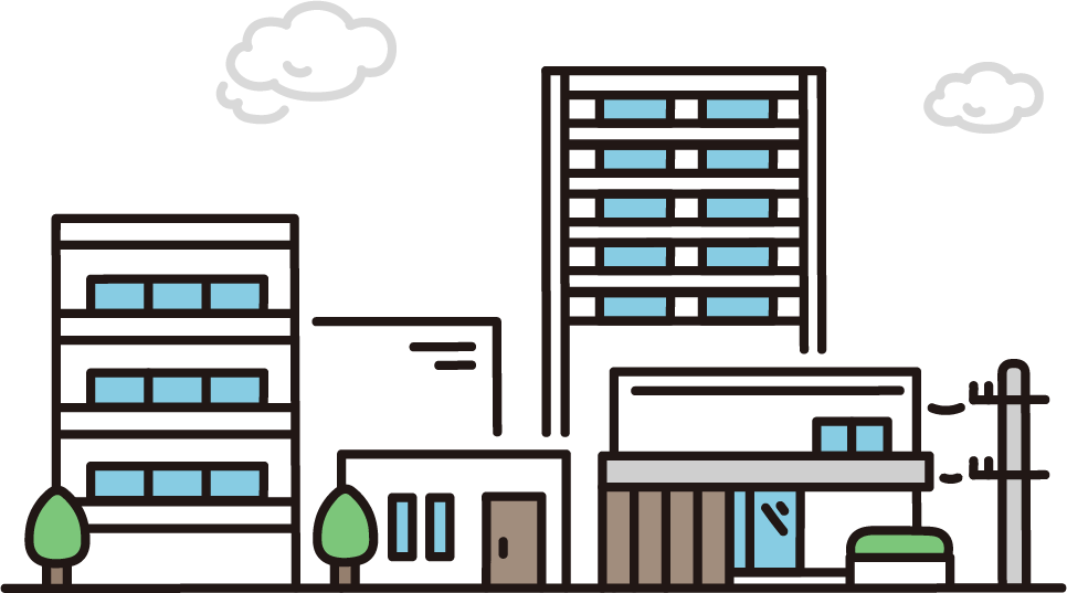 マンションや一戸建てなどの建物が並んでいる街並みのイラスト。住まいや生活環境をイメージしたイラスト。