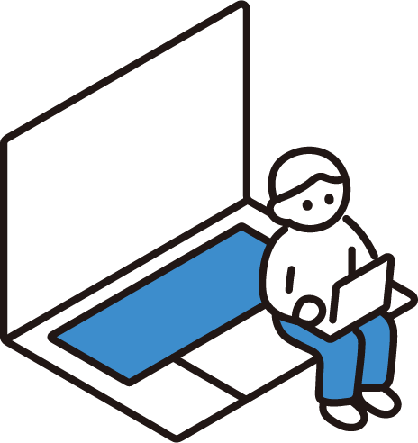 ノートパソコンの上に座って作業する人のイラスト。ブログや学びを象徴するイメージ