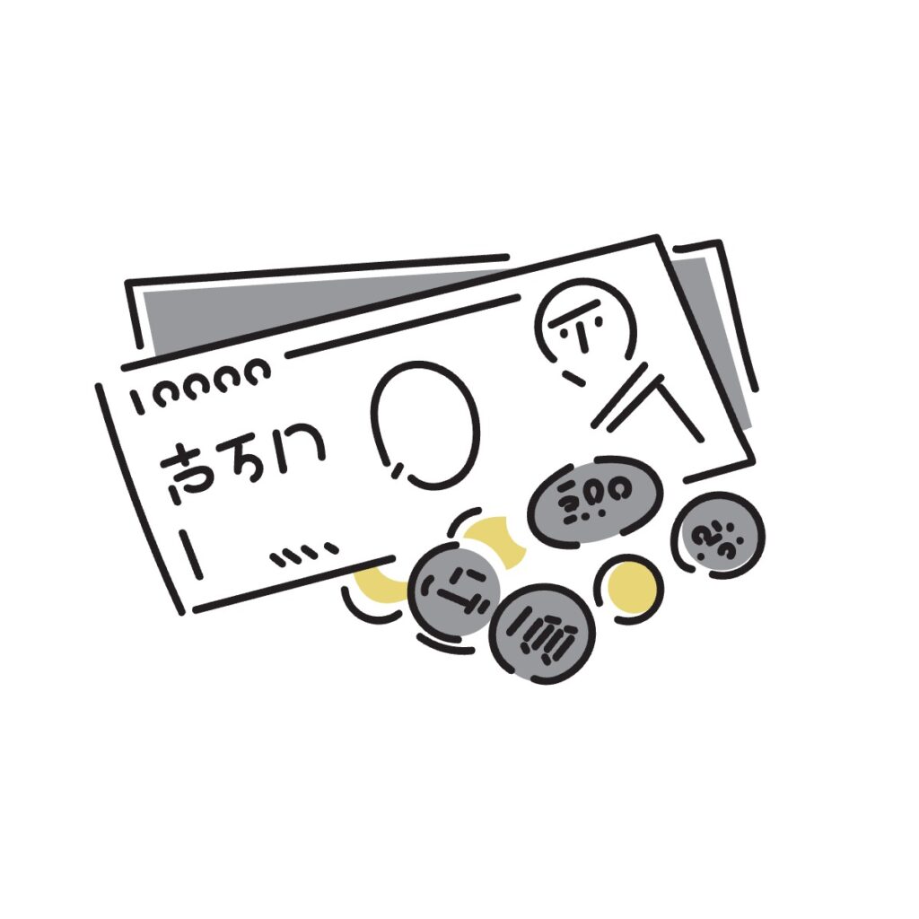 日本円のお札と硬貨のイラスト。家計や支出をイメージしたデザイン。